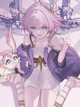 1girl absurdres bare_shoulders blue_eyes breasts coat commentary_request cyrene_(aedes_elysiae)_(honkai:_star_rail) cyrene_(honkai:_star_rail) dress hair_ornament highres honkai:_star_rail honkai_(series) mem_(honkai:_star_rail) pink_hair purple_coat sitting small_breasts smile star-shaped_pupils star_(symbol) symbol-shaped_pupils wariza white_dress wira