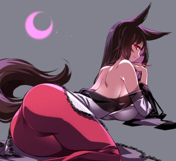 Rule 34 | 1girl, animal ears, ass, breasts, brown hair, dress, highres, imaizumi kagerou, large breasts, long skirt, off-shoulder dress, off shoulder, raptor7, red eyes, red skirt, skirt, solo, tail, touhou, wolf ears, wolf girl, wolf tail