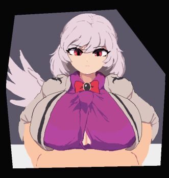 1boy 1girl bow bowtie breasts bulge button_gap closed_mouth clothed_female_nude_male commentary_request erection erection_under_clothes expressionless grey_background grey_hair handsfree_paizuri hetero huge_breasts kishin_sagume leg_grab long_sleeves looking_at_viewer namako_daibakuhatsu nude paizuri paizuri_under_clothes pov pov_crotch red_bow red_bowtie red_eyes short_hair single_wing solo_focus touhou wings