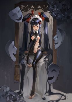 1girl animal_ears black_eyes black_hair black_hiphighs black_shrug blue_pupils breasts cleft_of_venus crotchless fake_animal_ears highres hiphighs latex latex_legwear light_blush long_hair looking_at_viewer maid_headdress nipples open_mouth original pussy rabbit_ears reverse_bunnysuit reverse_outfit revision shrug_(clothing) small_breasts solo stitches symbol-shaped_pupils twintails uncensored yeougui yuki_(yeougui)