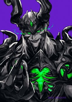 1boy absurdres armor artist_name colored_sclera commentary english_commentary eye_trail fake_horns fingernails gem green_gem green_sclera grin highres horned_headwear horns light_trail loki_(all-butcher)_(marvel) loki_(marvel) long_fingernails long_hair looking_at_viewer male_focus marvel marvel_rivals megane_(0max_megane0) no_pupils official_alternate_costume purple_background sharp_fingernails smile solo spot_color thor_(marvel)_(series) upper_body