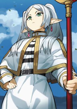 1girl absurdres capelet earrings elf floating_earrings frieren highres holding holding_staff jewelry letro mage_staff parted_bangs pointy_ears solo sousou_no_frieren staff teardrop_earrings twintails white_capelet