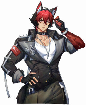 1boy absurdres animal_ears black_choker black_hair black_jacket buttons choker closed_mouth collarbone commentary_request dog_boy dog_ears fingerless_gloves gloves green_pants hand_on_own_hip highres jacket komano_manato konsai_2 male_focus multicolored_hair pants pectoral_cleavage pectorals red_bandage red_eyes red_hair scar scar_across_eye scar_on_chest scar_on_face shirt short_hair solo spiked_jacket white_shirt zenless_zone_zero
