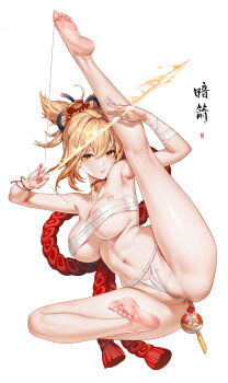 1girl anal anal_ball_wear anal_object_insertion areola_slip armpits arms_up arrow_(projectile) bandaged_chest bandaged_wrist bandages barefoot blonde_hair bow_(weapon) breasts butt_plug chest_tattoo chinese_commentary chinese_text choker cleft_of_venus commentary_request da_mao_banlangen feet fire flower_tattoo full_body genshin_impact hair_ornament high_ponytail highres holding holding_arrow holding_weapon improvised_weapon jewelry kanzashi kneepits large_breasts leg_up legs looking_at_viewer navel object_insertion orange_eyes panties parted_lips pendant_choker ponytail pubic_tattoo pussy red_choker rope sex_toy shimenawa shiny_skin short_ponytail sidelocks simple_background sitting soles solo split spread_legs stomach string tattoo thighs toe_ring toes underwear weapon white_background white_panties wristband yoimiya_(genshin_impact)