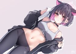 Rule 34 | 1girl, absurdres, animal ears, bare shoulders, black choker, black hair, black jacket, black leggings, blue archive, blunt ends, blush, breasts, cat choker, cat ears, choker, closed mouth, collarbone, colored inner hair, commentary, dutch angle, extra ears, grey sports bra, guri (gri1211), hair behind ear, hair ornament, hairclip, halo, highres, holding, holding towel, jacket, kazusa (blue archive), leggings, long sleeves, looking at viewer, medium hair, midriff, multicolored hair, navel, open clothes, open jacket, pink background, pink eyes, pink hair, pink halo, short hair, signature, sleeves past wrists, solo, sports bra, stomach, sweat, thighs, towel, track jacket, trinity general school logo, two-tone hair