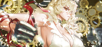 1girl absurdres arm_strap atzza_a bare_shoulders black_choker black_gloves blonde_hair breasts choker cleavage commentary gloves hair_between_eyes highres large_breasts long_hair looking_at_viewer mole mole_on_breast mole_under_eye parted_lips shirt solo torn_clothes torn_shirt upper_body wuthering_waves zani_(wuthering_waves)