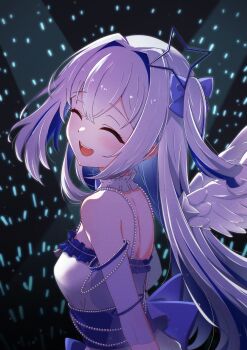 1girl amane_kanata angel_wings blue_bow blue_hair blush bow breasts choker closed_mouth colored_inner_hair commentary_request dress facing_viewer feathered_wings frilled_choker frilled_dress frills fuyuka_natsuki hair_between_eyes hair_bow hair_intakes halo highres hololive long_hair multicolored_hair open_mouth small_breasts solo star_halo tilted_halo very_long_hair virtual_youtuber white_choker white_dress white_wings wings