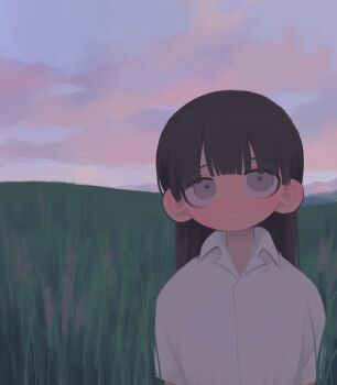 Rule 34 | 1girl, black hair, blue sky, blunt bangs, closed mouth, cloud, collared shirt, commentary, english commentary, expressionless, grey eyes, highres, long hair, looking at viewer, on grass, original, outdoors, shirt, simple background, sky, solo, straight hair, upper body, upturned eyes, white shirt, yuanyuann