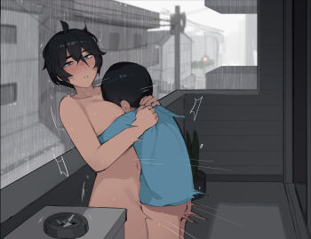 1boy 1girl age_difference akiyama_toru_(pepper0) aunt_and_nephew balcony black_hair breasts clothed_male_nude_female completely_nude grey_sky hetero highres incest large_breasts miyamoto_chihiro_(pepper0) motion_lines nude onee-shota original outdoors pepper0 rain sex short_hair shota sky standing standing_missionary standing_sex