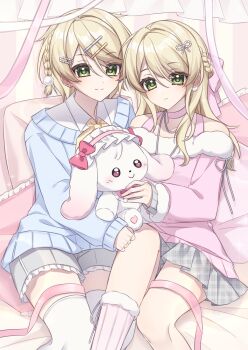 1boy 1girl bare_shoulders blonde_hair blue_sweater bow bra_strap braid character_and_genderswap choker closed_mouth commentary_request earrings ensemble_stars! frilled_shorts frills fur-trimmed_socks fur-trimmed_sweater fur_trim genderswap genderswap_(mtf) green_eyes grey_skirt hair_bow hair_ornament hairclip half_up_braid heart heart_earrings highres holding holding_stuffed_toy itting_301 jewelry layered_sleeves light_frown long_hair long_sleeves looking_at_viewer miniskirt necklace off-shoulder_sweater off_shoulder pillow pink_bow pink_choker pink_ribbon pink_socks pink_sweater plaid_clothes plaid_skirt pleated_skirt pom_pom_(clothes) pom_pom_hair_ornament ribbed_socks ribbon shiratori_aira_(ensemble_stars!) shirt shirt_under_sweater short_hair short_shorts shorts side_braid sitting skirt smile socks split_mouth stud_earrings stuffed_animal stuffed_rabbit stuffed_toy sweater thighhighs triangle_earrings white_shirt white_thighhighs