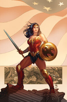 1girl american_flag black_hair boots dc_comics frank_cho full_body holding holding_shield holding_sword holding_weapon long_hair nei_ruffino red_boots shield signature solo standing sword tiara weapon wonder_woman wonder_woman_(series)