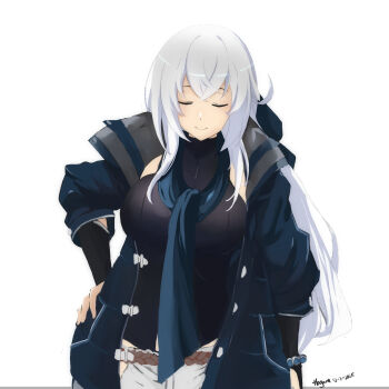 Rule 34 | 1girl, beads, blue scarf, breasts, bridal gauntlets, closed eyes, closed mouth, coat, commentary, crossed bangs, dated, eiyuu densetsu, english commentary, haganeuma, hair between eyes, hand on own hip, highres, kuro no kiseki, kuro no kiseki (series), kuro no kiseki ii, large breasts, open clothes, open coat, prayer beads, rope, scarf, shimenawa, shizuna rem misurugi, sidelocks, signature, simple background, smile, solo, upper body, white background, wing collar