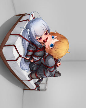 2girls absurdres ahoge arms_behind_back assault_lily ball_gag bdsm bed black_pantyhose black_skirt black_thighhighs blue_eyes blunt_bangs bound bound_ankles bound_arms bound_legs bound_toes bound_together bow brown_hair cheek-to-cheek cheek_press commentary_request cropped_jacket detached_sleeves double_strap_ball_gag dutch_angle feet_up fisheye forced_partners futagawa_fumi gag gagged girl_on_top grey_hair hair_bow heads_together high-waist_skirt highres hood hood_down indoors juliet_sleeves linked_gag long_hair long_sleeves looking_at_another lying lying_on_person miniskirt miriam_hildegard_von_gropius multiple_girls no_shoes on_back on_bed on_stomach pantyhose pink_eyes pleated_skirt puffy_sleeves restrained school_uniform shared_gag shibari shibari_over_clothes shirt short_sleeves skirt tasogare_unagi thighhighs twintails underbust v-shaped_eyebrows very_long_hair white_bow white_shirt yuri yurigaoka_girls_academy_school_uniform