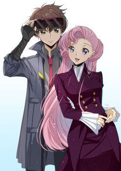 1boy 1girl absurdres athrun_zala budgiepon cagalli_yula_athha coat code_geass cosplay couple donut_hair_bun euphemia_li_britannia formal_clothes gloves green_eyes gundam gundam_seed gundam_seed_freedom hair_bun highres jacket kururugi_suzaku long_hair necktie pant_suit pants pink_hair purple_coat purple_eyes short_hair smile suit