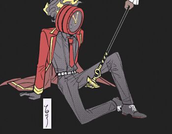 Rule 34 | 1girl, 1other, black background, black gloves, black pants, black shirt, cane, clock, coat, commentary, dante (limbus company), dias (project moon), fire, gloves, lapels, limbus company, necktie, notched lapels, object head, out of frame, pants, project moon, red coat, red necktie, shirt, simple background, sitting, tama launcher, the distortion detective, yellow trim