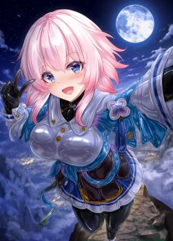 1girl :d black_gloves black_leggings blue_eyes blue_jacket blue_skirt breasts cloud commentary_request fog full_body full_moon gloves gradient_eyes highres honkai:_star_rail honkai_(series) jacket latex latex_gloves latex_legwear leggings long_sleeves march_7th_(honkai:_star_rail) march_7th_(preservation)_(honkai:_star_rail) medium_breasts medium_hair moon mountain multicolored_eyes night open_mouth outdoors pale_skin pink_eyes pink_hair pink_jacket pleated_skirt reaching reaching_towards_viewer riretsuto selfie shirt skirt smile solo standing standing_on_one_leg tied_jacket v white_shirt