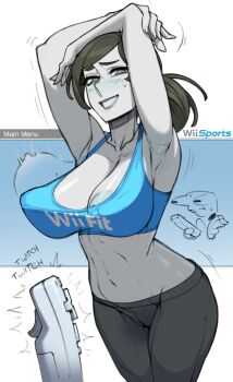 1girl animate_object areola_slip armpits arms_behind_head arms_up black_hair blue_tank_top blush bouncing_breasts breasts bulging_eyes cameltoe cleavage colored_skin commentary controller copyright_name cosita_art covered_erect_nipples cowboy_shot crop_top doodle_inset english_commentary erection eye_pop fingernails furrowed_brow game_controller grey_eyes grin highres large_breasts long_fingernails long_hair looking_at_viewer midriff motion_blur motion_lines navel nintendo ponytail smile solo sound_effects staring tank_top user_interface white_nails white_skin wii_fit wii_fit_trainer wii_fit_trainer_(female) wii_remote wii_sports