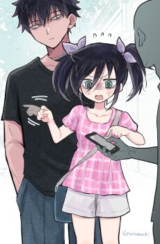 1girl 2boys alternate_costume bag bags_under_eyes black_bag black_hair black_pants black_shirt blush_stickers brother_and_sister casual closed_mouth collarbone commentary_request flying_sweatdrops glaring green_eyes grey_eyes grey_shorts hair_between_eyes hair_ribbon hand_in_pocket highres kuroki_tomoki kuroki_tomoko looking_at_another looking_at_phone looking_down motion_lines multiple_boys nuka_(nukamochi) open_mouth outdoors pants phone pink_shirt pointing pointing_to_the_side purple_ribbon ribbon shirt short_hair shorts shoulder_bag siblings sidelocks standing sweat t-shirt twintails twitter_username watashi_ga_motenai_no_wa_dou_kangaetemo_omaera_ga_warui!