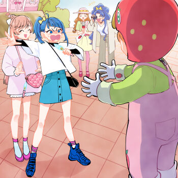 5girls arisugawa_himari bag black_shirt blank_eyes blue_eyes blue_hair blue_shoes blue_skirt bow brown_hair camera casual closed_eyes collared_shirt commentary crown cut_bangs dress fang frown green_dress grey_pants grey_shirt hair_bow hair_bun hair_ribbon handbag hat hirogaru_sky!_precure holding holding_camera holding_microphone holding_pen in-franchise_crossover kirakira_precure_a_la_mode laughing layered_sleeves long_hair long_sleeves looking_at_another medium_dress medium_hair microphone mini_crown mirage_pen multiple_girls official_alternate_costume open_clothes open_mouth open_shirt outdoors pants pantyhose pen pink_hair pink_hat pink_pantyhose pink_shirt pink_shoes ponytail precure protecting ribbon sash shirt shoes short_over_long_sleeves short_sleeves shorts side_ponytail single_hair_bun single_sidelock skirt smile socks sora_harewataru standing sweatdrop t-shirt tategami_aoi tearing_up ton_(ton39342104) usami_ichika v-shaped_eyes video_camera white_ribbon white_shirt white_shorts white_socks yellow_bow