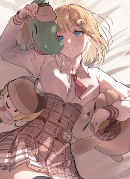 1girl absurdres black_thighhighs blonde_hair blue_eyes bluedoggie brown_skirt bubba_(watson_amelia) collared_shirt dog headpat high-waist_skirt highres hololive hololive_english investigator_(watson_amelia) looking_at_viewer lying necktie on_back red_necktie shirt short_hair skirt smile smol_ame stopwatch thighhighs virtual_youtuber watch watson_amelia watson_amelia_(1st_costume) white_shirt