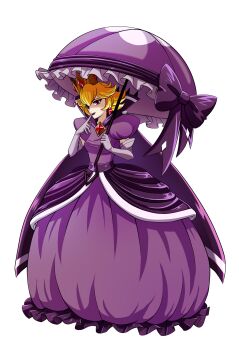 1girl aijihi blonde_hair bow bowtie breasts cape chest_jewel commentary corruption crown dark_persona dress earrings elbow_gloves english_commentary evil_smile gem gloves hand_on_own_face highres holding holding_umbrella jewelry lipstick looking_at_viewer makeup mario_(series) medium_hair nintendo official_alternate_costume official_alternate_hairstyle paper_mario paper_mario:_the_thousand-year_door pointing pointing_at_self possessed princess princess_peach purple_cape purple_dress queen red_eyes red_gemstone shadow_queen smile umbrella