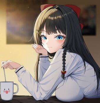 1girl absurdres aoba_nene black_hair blue_eyes blurry blurry_background bow braid breast_press breasts closed_mouth commentary cup depth_of_field elbow_rest haedungi_(shirayuki_hina) hair_bow hair_intakes hair_ornament hand_rest hand_up heart heart_hair_ornament highres indoors large_breasts leaning_forward long_hair long_sleeves looking_at_viewer looking_to_the_side mug red_bow shirayuki_hina shirt smile solo stellive stirring symbol-only_commentary turning_head upper_body virtual_youtuber white_shirt wispy_bangs