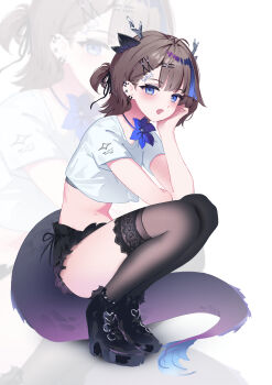 1girl absurdres airi_kanna antlers black_shoes black_shorts black_thighhighs block_heels blue_eyes blue_flower brown_hair commentary crop_top crop_top_overhang cropped_shirt earclip fang flower frilled_shorts frills from_side full_body hair_ornament hairclip highres horns lace lace-trimmed_thighhighs lace_trim looking_at_viewer looking_to_the_side medium_hair micro_shorts multicolored_hair neck_flower open_mouth parallel_hairclips shirt shoes short_sleeves shorts solo sports_bra sports_bra_peek squatting stellive streaked_hair t-shirt tail thighhighs thumbsup_stella virtual_youtuber white_background white_shirt x_hair_ornament zoom_layer