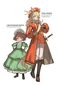 Rule 34 | 2girls, a song of ice and fire, absurdres, aged up, animal ears, blonde hair, boots, brown eyes, brown gloves, brown hair, character name, closed mouth, coat, commentary, dress, english commentary, english text, ermesande hayford (game of thrones), fingerless gloves, frills, full body, game of thrones, genderswap, genderswap (mtf), gloves, green dress, green eyes, highres, horse ears, horse girl, horse tail, knight, long hair, long sleeves, looking at viewer, multiple girls, pants, red coat, sheath, sheathed, short hair, simple background, sword, tail, trustyskittles, tyrek lannister (game of thrones), umamusume, weapon, white background, white pants