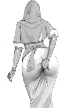 Rule 34 | 1girl, absurdres, ass, black capelet, black hood, capelet, commentary, cowboy shot, dress, elbow gloves, elden ring, elden ring nightreign, english commentary, from behind, gloves, grabbing own ass, greyscale, groping, hand on own ass, highres, monochrome, nun, puffy sleeves, smurtz, solo, tight clothes, undertaker (elden ring), white background, white dress
