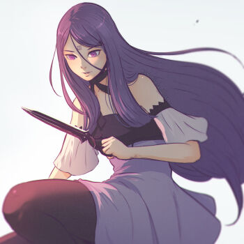 1girl artist_name bare_shoulders collarbone dagger detached_sleeves drag-on_dragoon drag-on_dragoon_3 dress expressionless female_focus floating_hair grey_background hair_between_eyes hair_ornament hairclip holding holding_weapon knife koyorin lips long_hair pantyhose parted_lips purple_eyes purple_hair red_pantyhose roman_numeral shade short_sleeves sidelocks simple_background solo squatting tattoo three_(drag-on_dragoon) unsheathed very_long_hair watermark weapon web_address white_dress wind