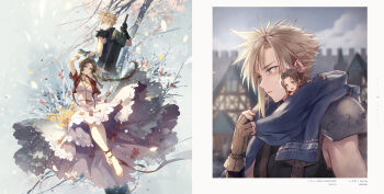 1boy 1girl :d absurdres aerith_gainsborough ankle_ribbon armor asymmetrical_hair bangle barefoot blonde_hair blurry blurry_background blush bow bracelet braid braided_ponytail breasts brown_gloves brown_hair building cleavage cloud cloud_strife couple cropped_jacket dress falling_petals final_fantasy final_fantasy_vii final_fantasy_vii_remake fingerless_gloves flower forehead gloves green_eyes hair_intakes hair_ribbon hetero highres holding_hands huge_weapon jacket jewelry kalm kieta leg_ribbon long_dress long_hair materia mini_person minigirl on_shoulder open_mouth outdoors parted_lips petals pink_bow pink_dress pink_ribbon red_jacket ribbon scarf short_hair shoulder_armor sidelocks sitting size_difference sleeveless sleeveless_turtleneck smile spiked_hair sword toes town turtleneck upper_body weapon weapon_on_back