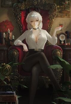 1girl absurdres birdcage black_choker black_horns black_pantyhose book breasts brown_skirt cage candle candlestand chinese_commentary choker cleavage clock closed_mouth collared_shirt commentary_request couch crossed_legs cup curled_horns flower high-waist_skirt highres holding holding_cup horns indoors large_breasts looking_at_viewer medium_hair on_couch pantyhose partially_unbuttoned pencil_skirt plant red_eyes red_flower shijiechu shirt shirt_tucked_in sitting skirt solo vase white_hair white_shirt wuthering_waves zani_(wuthering_waves)