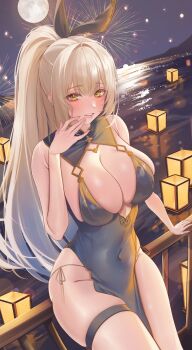 1girl absurdres aerial_fireworks andon animal_ears arm_support artist_request bare_shoulders blonde_hair blue_dress blush breasts center_opening chaperina_philosys china_dress chinese_clothes cleavage commentary_request commission covered_navel dress dutch_angle fake_animal_ears fireworks full_moon gold_trim groin hair_between_eyes hair_intakes hand_on_railing hand_up highres korean_commentary lantern large_breasts lens_flare light_particles long_hair looking_at_viewer moon moonlight night night_sky on_railing original paper_lantern parted_lips pelvic_curtain pink_lips ponytail rabbit_ears railing side-tie_dress sideboob sidelocks sitting sky sleeveless sleeveless_dress smile solo sparkle star_(symbol) star_in_eye symbol_in_eye thigh_strap thighs very_long_hair water wooden_railing yellow_eyes