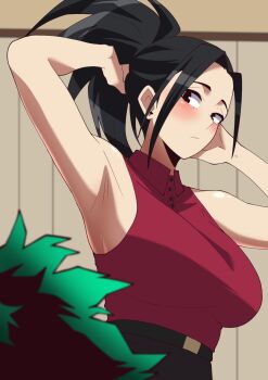 1boy 1girl arm_up armpit_focus armpits arms_behind_head black_eyes black_hair blush boku_no_hero_academia breasts closed_mouth commentary english_commentary green_bean_1498 green_hair highres large_breasts looking_at_another midoriya_izuku ponytail red_shirt shirt short_hair sleeveless sleeveless_shirt yaoyorozu_momo