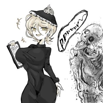 1boy 1girl ass black_dress blonde_hair breasts death dress english_text hat highres medium_breasts oligogi_meoggosipda rotting skull taut_clothes taut_dress white_background witch witch_hat yellow_eyes zombie