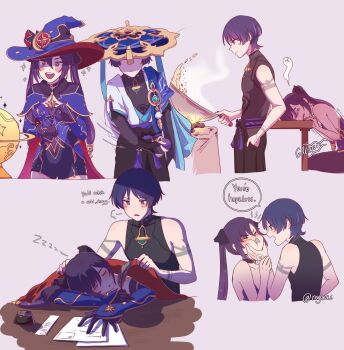 1boy 1girl aqua_kimono aqua_sleeves arm_on_table armor astrolabe bag bare_shoulders black_bodysuit black_bow black_choker black_gloves black_hair black_pantyhose black_shorts blue_cape blue_capelet blue_hat blue_leotard blue_sleeves blunt_bangs blunt_ends blush bodystocking bodysuit bow brick_stove bridal_gauntlets cape capelet charcoal choker closed_eyes closed_mouth coin_purse collarbone cooking couple covering_with_blanket crescent crescent_hat_ornament curled_fingers detached_sleeves earrings elbow_gloves english_text feathers fire flipping_food food fried_rice fur-trimmed_collar fur_collar fur_trim genshin_impact gloves gold gold_trim grabbing_another's_face grey_eyes hair_between_eyes hair_bow han'eri hand_on_table hat hat_bow hat_ornament head_grab head_on_table head_rest hetero highleg highleg_leotard highres holding holding_bag hungry inkwell japanese_armor japanese_clothes jewelry jingasa kimono kote kurokote layered_clothes layered_kimono layered_sleeves leotard long_hair mona_(genshin_impact) mona_(pact_of_stars_and_moon)_(genshin_impact) multicolored_hair multiple_views naysucc open_clothes open_hand open_kimono open_mouth pantyhose paper parted_bangs pom_pom_(clothes) ponytail_holder purple_hair purple_leotard purple_sash red_bow sash scaramouche_(genshin_impact) sequential shaded_face short_sleeves shorts sidelocks sleeping sleeveless sleeveless_bodysuit sparkle_print sparkling_eyes speech_bubble star_(symbol) star_choker star_earrings star_hat_ornament stomach_growling streaked_hair swiping tassel teeth trembling twintails two-tone_bow upper_teeth_only vision_(genshin_impact) wanderer_(genshin_impact) white_background white_kimono white_sleeves white_trim witch_hat wok yellow_feathers zzz