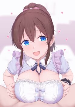 Rule 34 | 1girl, :d, blue eyes, blush, bow, breasts, brown hair, cai geng, cleavage, collar, commentary request, dress, frilled dress, frills, hair between eyes, hair ribbon, heart, hetero, idolmaster, idolmaster million live!, idolmaster million live! theater days, large breasts, long hair, looking at viewer, open mouth, paizuri, paizuri under clothes, ponytail, pov, puffy short sleeves, puffy sleeves, purple dress, ribbon, satake minako, short sleeves, sidelocks, smile, solo focus, upper body