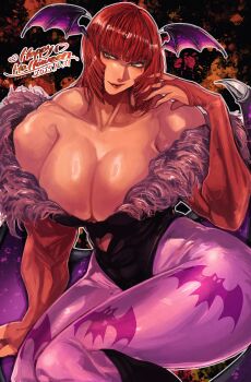 1girl 2025 absurdres animal_print bat_print breasts commentary cosplay darkstalkers dated english_commentary green_eyes happy_halloween head_wings highres large_breasts marisa_(street_fighter) mixed-language_commentary mole mole_under_eye morrigan_aensland morrigan_aensland_(cosplay) muscular muscular_female pantyhose print_pantyhose red_hair solo street_fighter street_fighter_6 wings zuman_(zmnjo1440)