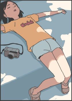 1girl black_hair camera closed_eyes grey_shorts knees_together_feet_apart kodak_(company) lying medium_hair on_back original outstretched_arms sandals shade shirt short_shorts shorts solo t-shirt takamichi yellow_shirt