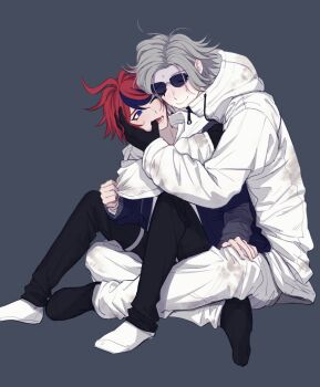 2boys ahoge aotsuki_eito black_gloves black_pants black_socks black_streaks blue_eyes commentary crossed_legs finger_in_another's_mouth full_body glasses gloves grey_background grey_hair grey_jacket hand_on_another's_leg hood hoodie hug jacket jacket_over_hoodie light_blush looking_at_another lower_teeth_only male_focus multicolored_hair multiple_boys one_eye_closed open_mouth pants pulling_another's_clothes red_hair seiran_yoroz short_hair simple_background sitting sitting_on_lap sitting_on_person smile socks streaked_hair sumino_takumi sunglasses sweat sweatdrop teeth the_hundred_line_-last_defense_academy- two-tone_hair white_hoodie white_jacket white_pants white_socks yaoi