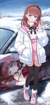 1girl black_thighhighs blue_eyes blush boots breasts breath brown_hair car chiyosuke_(nosuke21) commentary_request dress earrings high-waist_skirt highres idolmaster idolmaster_cinderella_girls itasha jacket jewelry looking_at_viewer medium_breasts medium_hair motor_vehicle open_clothes open_jacket outdoors red_dress sakuma_mayu skirt smile snowing thighhighs winter zettai_ryouiki