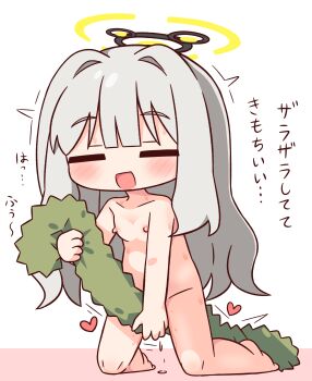 1girl :d blue_archive blunt_bangs blush closed_eyes collarbone commentary_request completely_nude female_masturbation full_body grey_hair halo hana_kazari hare_(blue_archive) heart highres kneeling long_hair masturbation nipples nude open_mouth pussy_juice simple_background smile solo translation_request trembling white_background yellow_halo