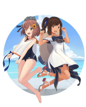 2girls bare_legs beach blue_one-piece_swimsuit blush brown_eyes brown_hair commentary_request cosplay costume_switch dress flower hair_flower hair_ornament hat highres i-401_(kancolle) kantai_collection multiple_girls ocean one-piece_swimsuit open_mouth orange_sailor_collar ponytail sailor_collar school_swimsuit short_hair short_ponytail smile straw_hat sundress sunflower sunflower_hair_ornament swimsuit swimsuit_under_clothes tan water white_background white_dress yuki_4040 yukikaze_(kancolle) yukikaze_(summer)_(kancolle) yukikaze_kai_ni_(kancolle)