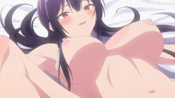1boy 1girl animated anime_screenshot armpits blush breasts colored_inner_hair cum cum_on_body cum_on_upper_body facial hair_ribbon haite_kudasai_takamine-san highres imagining large_breasts licking licking_cum multicolored_hair navel nipples purple_hair red_eyes ribbon shirota_takashi sidelocks sound spread_legs stomach tagme takamine_takane tongue tongue_out two-tone_hair video white_ribbon