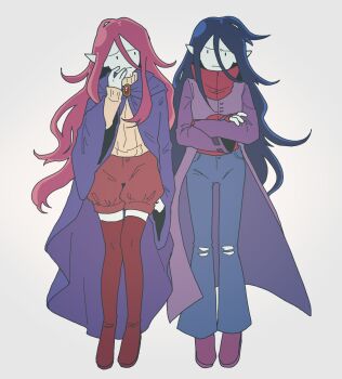adventure_time adventure_time_(comic) black_hair blue_pants boots cloak closed_mouth coat colored_skin commentary_request crossed_arms denim dual_persona full_body grey_skin highres jeans long_hair long_sleeves marceline_abadeer official_alternate_costume official_alternate_hair_color pants pink_hair pointy_ears purple_cloak purple_coat purple_shoes raya_(uk_0128) red_boots red_shorts shoes shorts simple_background sweater torn_clothes torn_jeans torn_pants yellow_sweater
