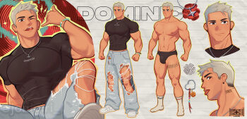 1boy baggy_pants bara bead_bracelet beads biceps black_male_underwear black_shirt blonde_hair blue_pants bracelet broad_shoulders brown_eyes bulge character_name collarbone covered_abs covered_pectorals denim dominic_(jonigiri) earrings graffiti groin half-closed_eye jeans jewelry jon_(jonigiri) large_bulge leg_tattoo male_focus male_underwear mismatched_socks mole mole_on_arm mole_on_chest mole_on_leg mole_on_neck mole_under_eye multiple_views muscular muscular_arms muscular_male navel neck_tattoo nipples one_eye_closed open_mouth original pants pectorals pendant raised_eyebrow reference_sheet shaka_sign shirt shoes smile smirk sneakers sparkle star_pendant tattoo tattoo_peek thick_thighs thighs tight_clothes tight_shirt tongue tongue_out topless_male torn_clothes torn_jeans torn_pants twitter_username underwear v-taper watermark white_shoes y2k_fashion