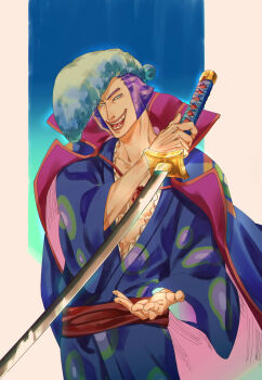 Rule 34 | 1boy, blue eyes, blue hair, commentary request, cowboy shot, denjirou (one piece), eyelashes, highres, japanese clothes, kimono, looking at viewer, male focus, one piece, open mouth, pompadour, sash, shiraumi8351, sideburns, smile, solo, wide sleeves