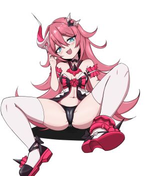 1girl :3 anklet armband babydoll bare_shoulders black_panties blue_eyes blush breasts cameltoe commentary commission crop_top dot_nose english_commentary fang frilled_armband frills full_body hair_between_eyes hair_ornament hand_up highres honkai_(series) honkai_impact_3rd horns jewelry loli long_hair midriff navel no_tail open_mouth panties pink_babydoll pink_hair pink_horns pink_shoes qoqo rozaliya_olenyeva shoes simple_background single_ankle_cuff single_horn skin_fang small_breasts smile smug solo spread_legs thighhighs thighs underwear very_long_hair white_background white_thighhighs zettai_ryouiki