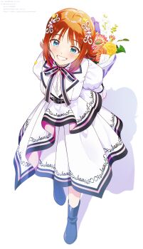 1girl absurdres amami_haruka arms_behind_back black_boots blue_eyes boots commentary_request dress flower full_body hair_ornament highres holding holding_flower idolmaster layered_dress omitsu orange_hair shadow short_hair smile solo teeth white_background white_dress