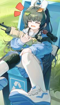 1girl absurdres black_hair blue_archive blue_skirt bolt_action capry closed_eyes day gun highres holding holding_gun holding_weapon in_container in_trash_can leaf leaf_on_head long_hair long_sleeves miyu_(blue_archive) mosin-nagant open_mouth outdoors pantyhose rifle school_uniform shoes skirt sneakers solo trash_can weapon white_pantyhose